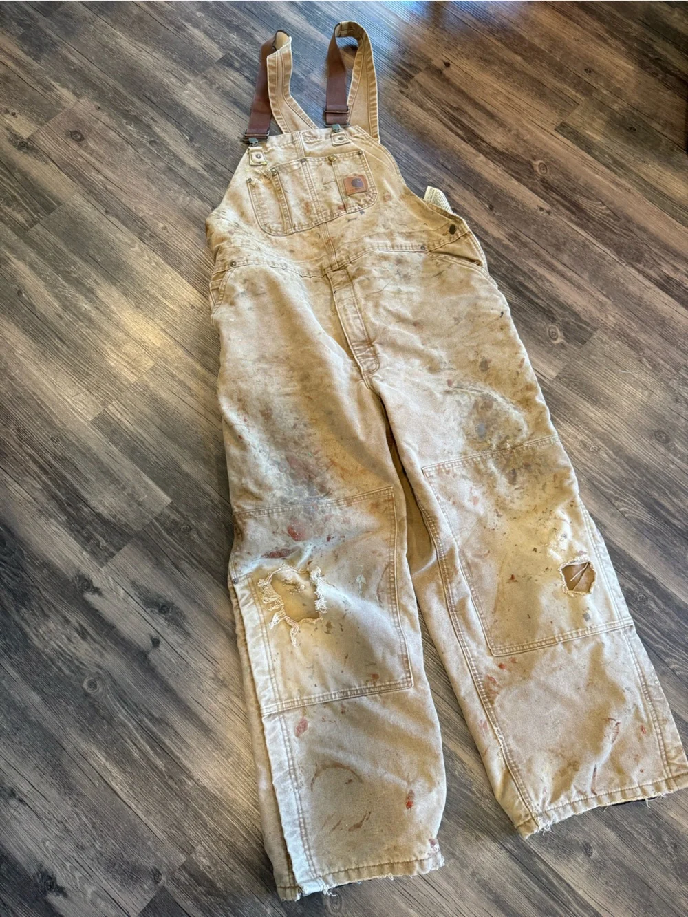 Vintage Carhartt Double Knee Thrashed Bib Overalls Mens 44x30 Tan Distressed